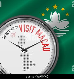 The Best Time to Visit Macau. Travel to Macau. Tourist Air Flight. Waving Flag Background and Dots Pattern Map on the Dial. Vector Illustration. Stock Vector
