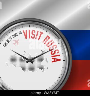 The Best Time to Visit Russia. Travel to Russia. Tourist Air Flight. Waving Flag Background and Dots Pattern Map on the Dial. Vector Illustration. Stock Vector