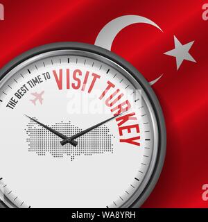 The Best Time to Visit Turkey. Travel to Turkey. Tourist Air Flight. Waving Flag Background and Dots Pattern Map on the Dial. Vector Illustration. Stock Vector