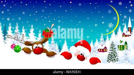 Santa and a deer in the background of a snow-covered village. Santa and a deer with red noses on a winter night against the backdrop of the village, t Stock Vector