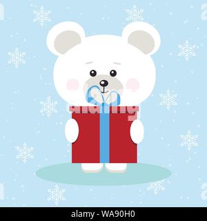 Isolated cute christmas polar bear with red gift with blue bow in snow background Stock Vector