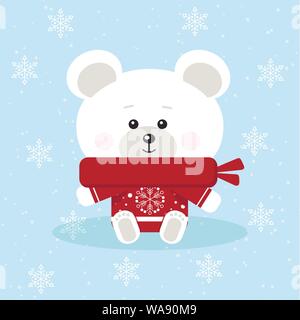 Isolated cute christmas polar bear with red scarf and sweater in sitting pose. Stock Vector
