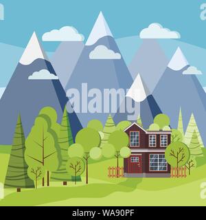 Spring or summer landscape scene with country two-story house with a fence, green trees, spruces, fields, clouds, mountains Stock Vector