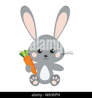 Image of sweet cute grey bunny rabbit in sitting pose with carrot in paw Stock Vector
