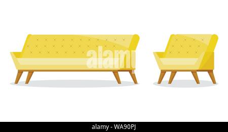 Yellow color soft sofa and armchair icon set isolated on white background. Stock Vector
