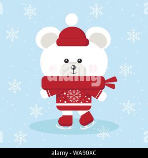 Isolated cute christmas polar bear with red sweater, scarf and hat skates on ice in snow background. Stock Vector