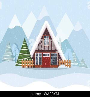 Winter landscape with a frame country house in the mountains, spruces, snow in cartoon flat style. Stock Vector