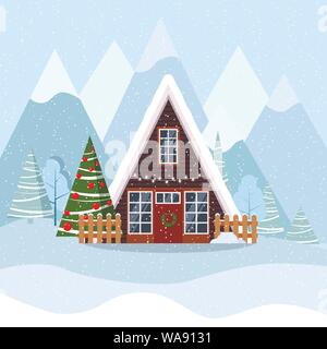 Winter christmas landscape with a-frame house in scandinavian style decorated garland and wreath Stock Vector