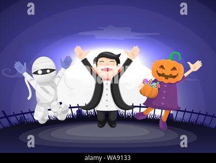 Kids dressed in halloween costume jumping and celebration with moonlight. Happy Halloween concept background. Stock Vector