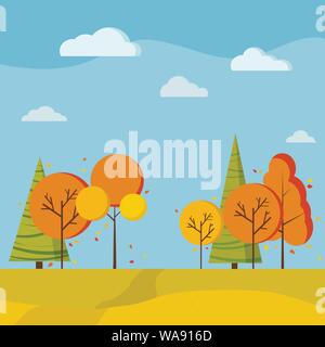 Autumn scenic field landscape background with yellow and orange trees, spruces, fields, river, clouds, birds crane wedge Stock Vector