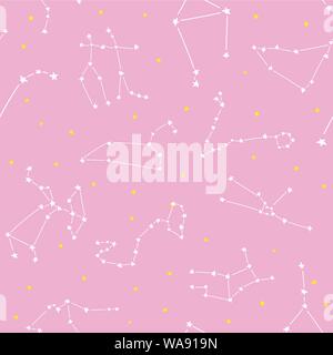 Seamless constellation stars vector pattern. Suitable for textile, print, decoration, clothes. Stars on night sky. Good night dreams. Pajamas design s Stock Vector