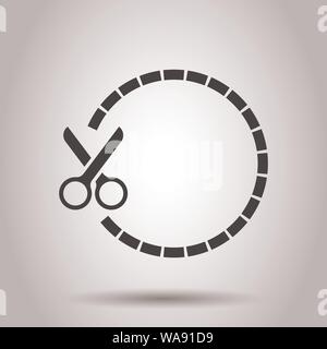 Coupon cut lines icon in flat style. Scissors snip vector illustration on isolated background. Sale sticker business concept. Stock Vector