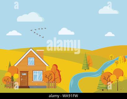 Autumn scenic field landscape background with yellow and orange trees, spruces, fields, river, clouds, birds. Stock Vector