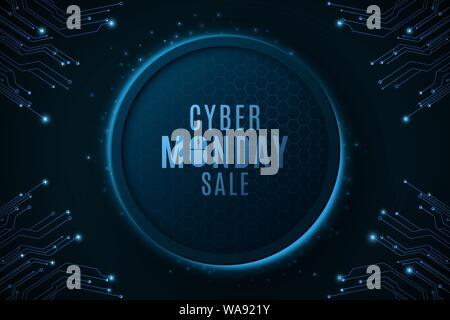Futuristic modern banner for Cyber Monday sale. Computer circuit board. Special offer. Glowing neon blue connecting lines with lights. Vector illustra Stock Vector