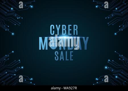 Cyber Monday Sale. High-tech background from a computer circuit board. Computer mouse. Glowing neon blue connecting lines with lights. Vector illustra Stock Vector