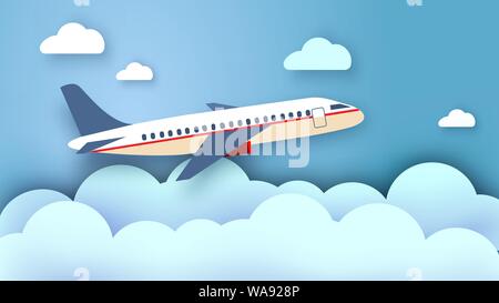 Paper art the airplane in clouds in realistic trendy style. Paper cut and craft. Vector Stock Vector