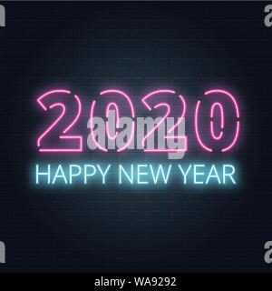 Greeting card, invitation with happy New year 2020. Christmas lettering in Neon style on brick background. Blue and Purple neon colors. Hand drawn let Stock Vector