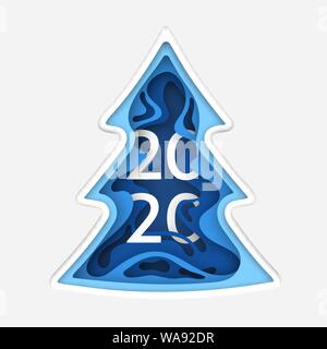 Paper art blue fir-tree in realistic trendy craft style. 2020 Happy New Year. Christmas holidays background. Elements of design material for holiday b Stock Vector