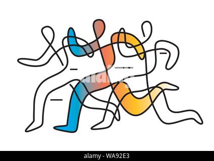Running race marathon,line art abstract stylized.  Colorful lineart decorative stylized illustration of three running racers. Vector available. Stock Vector