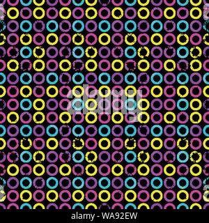 psychedelic circles on a black background grunge effect seamless geometric background Stock Vector