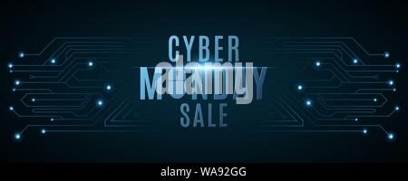 Cyber Monday sale banner. Hi-tech background from a computer circuit board. Computer mouse. Glowing neon blue connecting lines with lights. Vector ill Stock Vector