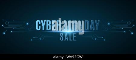 Cover for cyber monday sale. Hi-tech background from a computer circuit board. Computer mouse. Glowing neon blue connecting lines with lights. Vector Stock Vector