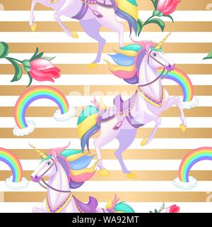 Cute white unicorns with rainbow hair on golden stripes seamless vector pattern background illustration Stock Vector