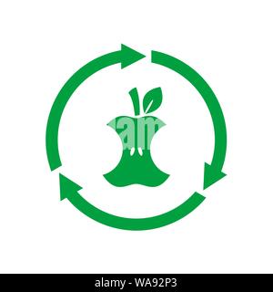 Compostable sign, icon, symbol. Apple core inside circle arrows. Biodegradable product label. Zero waste. Vector illustration, flat style, clip art. Stock Vector