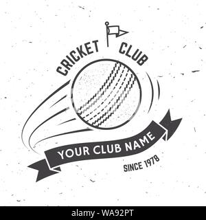 Cricket club badge. Vector illustration. Concept for shirt, print, stamp or tee. Vintage typography design with flying ball and ribbon silhouette. Templates for sports club. Monochrome simple style Stock Vector