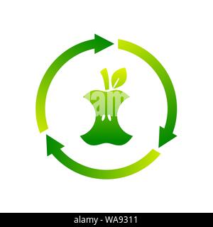 Compostable sign, icon, symbol. Apple core inside circle arrows. Biodegradable product label. Zero waste. Vector illustration, flat style, clip art. Stock Vector