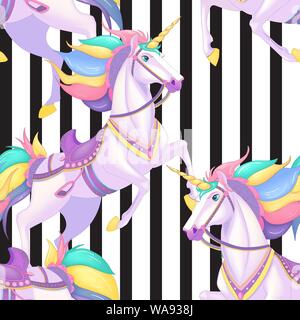 Cute white unicorns with rainbow hair on black stripes seamless vector pattern background illustration Stock Vector