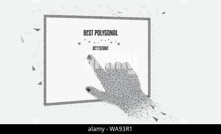 Touch the abstract Tablet.  Polygonal vector illustration of hand man and tablet from triangles and points. Black-and-white. Design for various succes Stock Vector