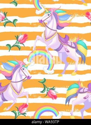 Cute white unicorns with rainbow hair on golden stripes seamless vector pattern background illustration Stock Vector