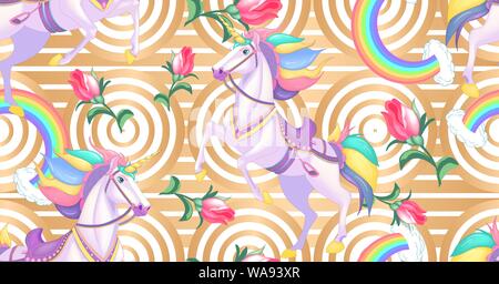 Cute white unicorns with rainbow hair on golden stripes seamless vector pattern background illustration Stock Vector