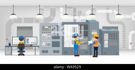 Factory in process with workers working flat design vector illustration Stock Vector