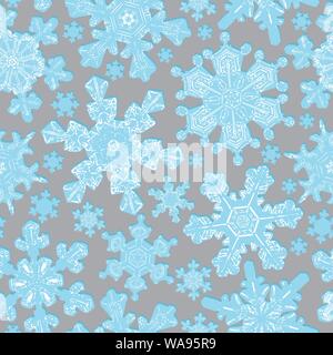 Detailed Snowflakes Winter Seamless Pattern. Light Blue on Grey Stock Vector