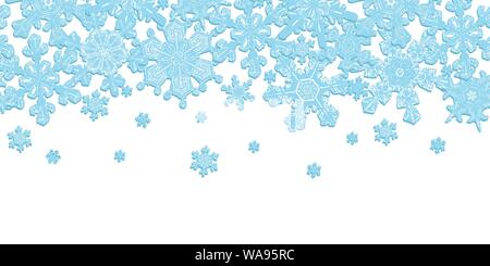 Frosted Window Seamless Border with Detailed Snowflakes. Light Blue on White Stock Vector
