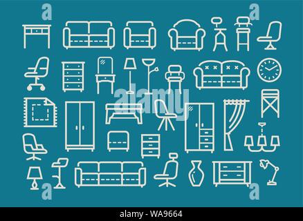 Furniture, line icons set. Collection of vector elements for the interior Stock Vector