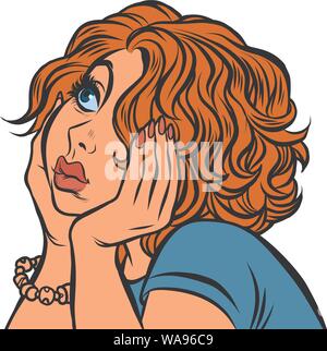 red haired young woman sad. Pop art retro vector illustration drawing Stock Vector