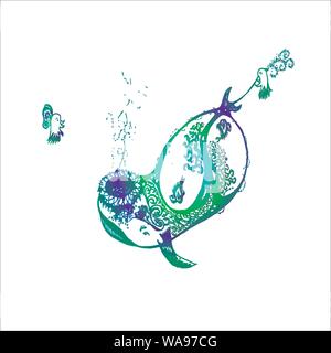 Neon illustration of octopus smoking through a whale. Stock Vector