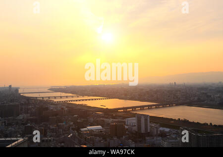 Aerial view on Osaka and bridges on Yodo River (Yodo-gawa, Seta River, Uji River), Japan. View from Umeda Sky Building Stock Photo