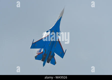 Langkawi, Malaysia - Mar 29, 2019. Su-30SM fighter jet belonging to the Russian Knights aerobatic demonstration team performing at Langkawi Airport (L