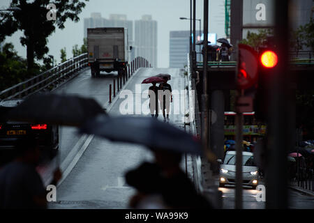 Hong Kong, China. 18th Aug, 2019. Demonstrators protect themselves with umbrellas from the persistent rain. In the former British crown colony of Hong Kong, protests against the influence of Beijing have entered a new round. The democracy movement had called for another major demonstration. Credit: Gregor Fischer/dpa/Alamy Live News Stock Photo