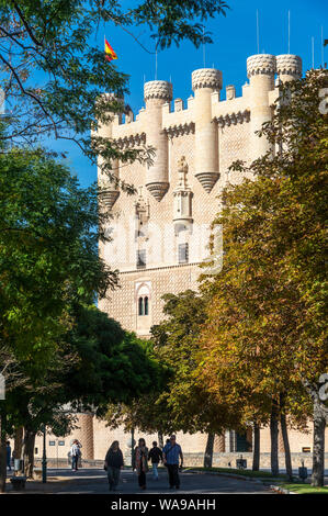 Looking toward the tower of John II at the entrance to the Alcazar in the city of Segovia, Spain Stock Photo