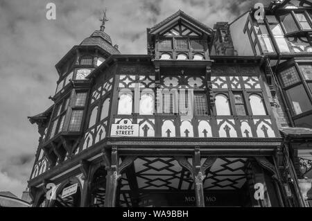 Black and White timbered building on the cross Bridge Street, Chester UK. May 2019 Stock Photo