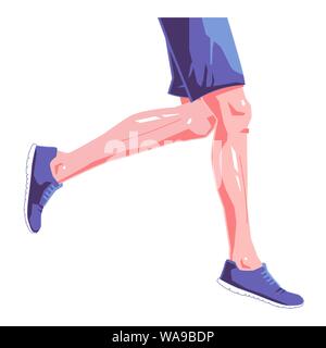 Runner legs flat illustration on isolated white background. Blue sneakers and clothes. Vector graphic design concept. Stock Vector