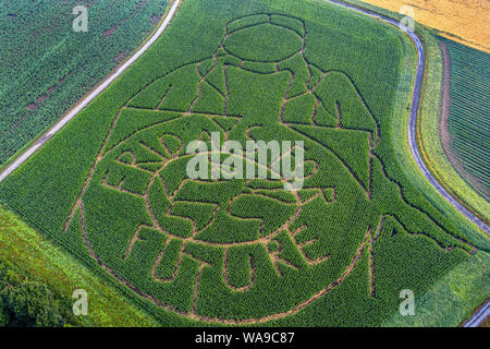 FILED - 12 July 2019, North Rhine-Westphalia, Selm: Farmer Benedikt Lünemann milled a huge labyrinth into his cornfield with a silhouette of the Swedish climate activist G. Thunberg and the words 'Fridays for Future' (recorded with a drone). On 20 August 2018, Swedish schoolgirl Greta Thunberg sat down in front of the Reichstag in Stockholm to protest for the climate. The silent school strike of a 15-year-old boy has long since become an international climate protection movement with thousands and thousands of supporters all over the world. Photo: Guido Kirchner/dpa Stock Photo