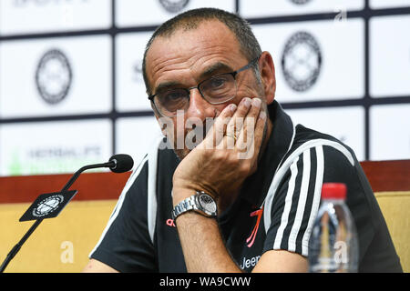 Head coach Maurizio Sarri of Juventus F.C. attends a press conference after defeating Inter Milan during the 2019 International Champions Cup football Stock Photo