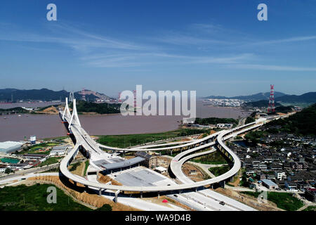 Aerial view of Fuchimen Bridge, which finishes its main tower coating and will come into service in September, Zhoushan city, east China’s Zhejiang pr Stock Photo