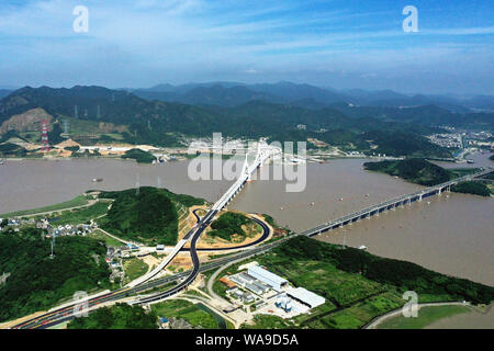 Aerial view of Fuchimen Bridge, which finishes its main tower coating and will come into service in September, Zhoushan city, east China’s Zhejiang pr Stock Photo